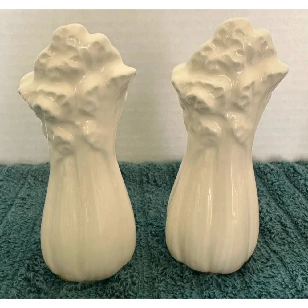 Vintage White Ceramic Celery Stalk Salt and Pepper Shakers MCM